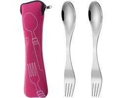 Roestvrij stalen vorken en lepels set voor kamperen en reizen met bestekzak - Duurzaam en herbruikbaar servies - 2-in-1 draagbare vorken en lepels