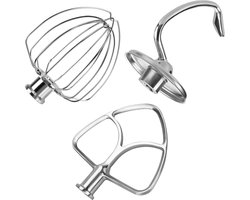 Roestvrijstalen 3-Delige Accessoireset voor KitchenAid 4,5-5 Quart Tilt-Head Stand Mixers Artisan & Classic Series van MMOBIEL - K45 6-Draads Garde, Platte Mixer en Deeghaak – Vaatwasmachinebestendig