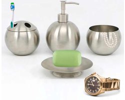 Roestvrijstalen Badset - Zeephouder - Zeepschaal - Wattenschijfhouder - Tandenborstelhouder - 4 Delig - Inclusief EBOOK