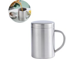 Roestvrijstalen beker / mok — Roestvrijstalen drinkbeker voor thuisgebruik — Dubbelwandig & onbreekbaar — Melkbeker — Koffiebeker met deksel — Geïsoleerde koffie-/theemok met deksel en handvat — Ideaal voor op de camping en dagelijks gebruik