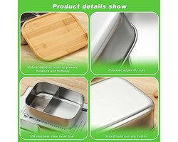 Roestvrijstalen Bento Lunchbox 1200 ml met Houten Deksel en 3 Vakken - Duurzame Brooddoos voor School en Uitstapjes