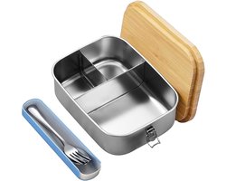 Roestvrijstalen Bento Lunchbox 1200 ml met Houten Deksel en 3 Vakken - Duurzame Brooddoos voor School en Uitstapjes