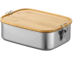 Roestvrijstalen broodtrommel - duurzame lunchbox - 1 stuk - bamboe deksel