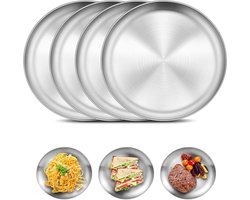 Roestvrijstalen dinerborden — Set van 4 — Rond servies (20 cm) — Campingborden — Onbreekbare serveerschalen — Metalen borden — BBQ-servies — Geschikt voor keuken, thuis, camping, buiten en feesten