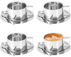Roestvrijstalen koffiemokkenset, 4 stuks, geïsoleerde koffiemokken van 200 ml/7 oz met lepels en schotels, geschikt geschikt voor koffie, latte, thee en melk.