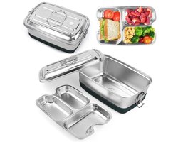Roestvrijstalen lunchbox, 2000 ml, dubbele metalen lunchbox met 3 vakken, lekvrije broodtrommel met afdichtring voor levensmiddelen, sandwich, salade, fruit, draagbare bento box voor kinderen en