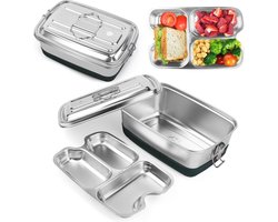 Roestvrijstalen lunchbox, 2000 ml, dubbele metalen lunchbox met 3 vakken, lekvrije broodtrommel met afdichtring voor levensmiddelen, sandwich, salade, fruit, draagbare bento box voor kinderen en