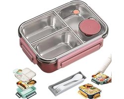 Roestvrijstalen Lunchbox – 3 Vakken – Met Bestek – Draagbaar – Magnetronbestendig – Voor School & Werk – Roze – 22.5 x 16.5 x 7cm