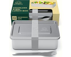 Roestvrijstalen lunchtrommel - Bento box - Maaltijd voorbereiden - Met vork en verdeler - 1350 ml - Zilver Grijs