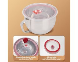 Roestvrijstalen Noodlekom - 1300 ml - met handvat en deksel - Zilver