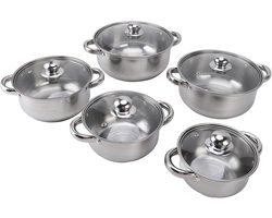 Roestvrijstalen Pannenset - Kookpotten Glazen Deksel - Koken in Keuken - Vaatwasmachinebestendig - 5 Delig - Zilver