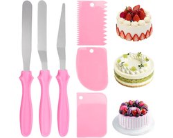 Roestvrijstalen set met 6 hoekpallets en taartspatels in roze, voor het smeren en decoreren van taarten - bakgereedschap voor thuisbakkers.