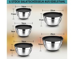 Roestvrijstalen slakom-set met zwarte deksel en antislip siliconen bodem | 5-delige metalen komset | om te bakken | roestvrij en vaatwasmachinebestendig | 45/27/15/12/07 liter