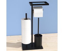 Roestvrijstalen toiletpapierhouder, staand met wc-borstel, toiletpapierhouder met doos voor vochtige doekjes, toiletpapierhouder met wc-borstel, staande wc-rolhouder met glazen rek (zwart mat)