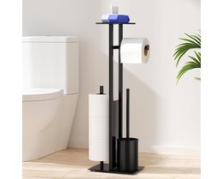 Roestvrijstalen toiletpapierhouder - staand met wc-borstel - toiletpapierhouder met vochtige doekjes - toiletpapierhouder met wc-borstel - staande wc-rolhouder - met glazen plank(mat zwart)