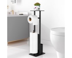 Roestvrijstalen toiletpapierhouder, staand met wc-borstel, toiletpapierhouder met vochtige doekjes, toiletpapierhouder met wc-borstel, staande wc-rolhouder, met glazen plank(mat zwart)