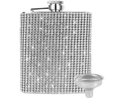 Roestvrijstalen veldfles met ' diamantjes ' en een zilverkleurige tint - 236 ml / 8oz - Veldfles Staal - Platvink - Zakflacon - Heupflacon - Drankfles - Drankflacon - Zakfles - Bling - Glamour