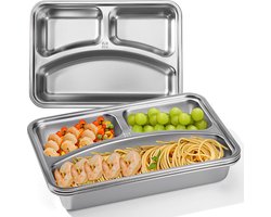 Roestvrijstalen Verdeelde Borden met Drie Compartimenten voor Portiecontrole, Set van Vier Stuks