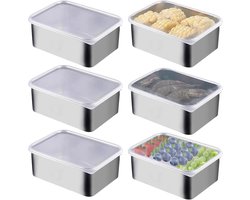 Roestvrijstalen vershouddozen - Meal prep bakjes - Voedsel bewaren - Stapelbaar en herbruikbaar - 6 stuks - Zilver