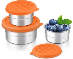 Roestvrijstalen voedselbewaarbakjes met siliconen deksel, lekvrije metalen snackbakjes, kleine ronde lunchboxen voor kinderen en volwassenen, stapelbare en herbruikbare bakjes voor het bereiden van maaltijden, 3-delige set, oranje.