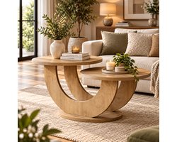 Rojellaa Eiken salontafel met twee ronde bladen en sculpturale U-vormige basis