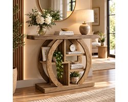 Rojellaa Houten Haltafel met Rond Schap en Blad, 108 cm Breed, Natuurlijk Hout