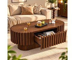 Rojellaa Ovale Salontafel met Ribbeldesign en Lade - Donkerbruin Hout - 120 cm