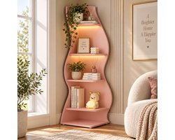 Rojellaa Roze Golvende Wandkast met 5 Open Niveaus - Smalle Hoge Boekenkast