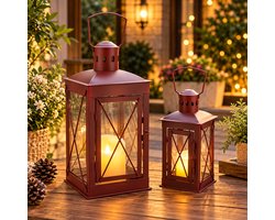 Rojellaa Set van 2 Rode Metalen Lantaarns met Glas en LED-kaars