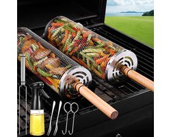 Rolbare barbecuemand—BBQ grillmand—Roestvrijstalen barbecuecilinder—Barbecuerooster—Draaibare barbecuemand—Barbecuemand voor buiten—Barbecuerooster voor groenten—Barbecuerooster voor vis—Barbecuerooster voor vlees—Gratis barbecueschema