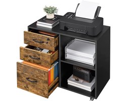 Rolcontainer, archiefkast, kantoorkast met wielen, laden en open vakken, industrieel design, voor documenten, vintage bruin-zwart