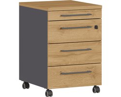 Rolcontainer Ergonoma Eiken - Grafiet - Met wielen - Met slot - Met lades - Breedte 42 cm - Diepte 49 cm - Hoogte 61 cm