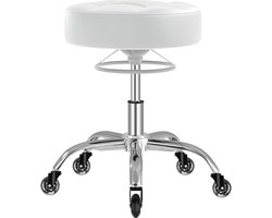 Rolkruk, kruk in hoogte verstelbaar met ringheffing, dik schuim voor zacht comfort, stoel met wielen 360 graden, werkkruk tot 180 kg belastbaar, draaikruk voor salon, spa en huishouden (wit)