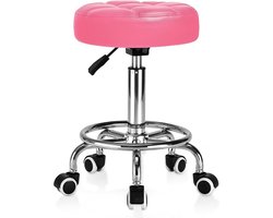 Rolkruk, PU-leer, rond, gevoerd, werkkruk, in hoogte verstelbaar, wielen met voetensteun, 360° rotatie, draaikruk, draagvermogen 150 kg, voor spa, tekeningen, salon, werk, kantoor, tattookruk, roze