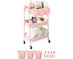 Rollende kar met 3 niveaus, metalen opbergkar met afsluitbare wielen en hangende bekers en haken, mobiele trolley voor keuken, badkamer, kantoor en werkplaats, roze