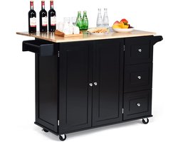 Rollende keukenrolley, keukenwagen, keukeneiland met kruidenrek, handdoekenrek, lade en slagerijblok, opbergkast met verstelbare planken, uitschuifbare serveerwagen met wielen voor eetkamer, keuken (Zwart)