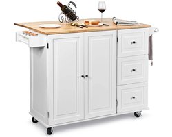 Rollende keukenrolley, keukenwagen, keukeneiland met kruidenrek, handdoekenrek, lade en slagerijblok, opbergkast met verstelbare planken, uitschuifbare serveerwagen met wielen voor eetkamer, keuken (Wit)