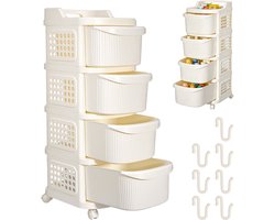Rollende Ladekast 4 Lades 38 x 30 x 86 cm - Mobiele Opbergwagen met Wielen en 7 Haken - Voor Badkamer Keuken Kantoor - Crème Wit - Lemonmax