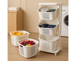 Rollende Waskar – Wasmand met 3 Vakken – 360° Wielen – Geventileerd – Ruimtebesparend – 3 x 25L – Wit