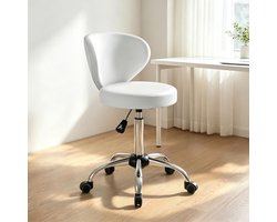 Rollenhocker Met Rugleuning - 360° Draaibaar En In Hoogte Verstelbaar - Voor Kantoor En Thuis - Kunstleer - Wit Zilver