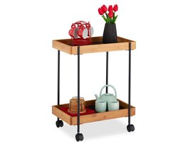 roltafel - 2 laags - bamboe - ijzer - met wielen - 57x46x28 cm - zwart-natuur