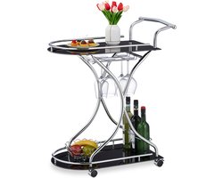 roltafel - 2 laags - flessen- en glazenhouder - glas - metaal - 88x76x49 cm