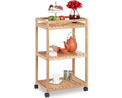 roltafel bamboe - 3 laags - wielen - met rem - 77x47x32,5 cm