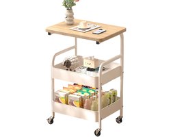Roltafel met 3 Etages & Houten Bovenblad - Verrijdbare Keukentrolley - Opbergwagen voor Badkamer, Kantoor en Hobby - Wit Metaal - Industriële Serveerwagen - 43 x 31 x 76 cm
