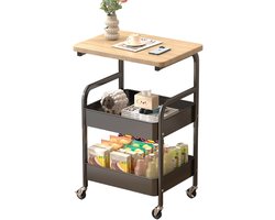 Roltafel met 3 Etages & Houten Bovenblad - Verrijdbare Keukentrolley - Opbergwagen voor Badkamer, Kantoor en Hobby - Zwart Metaal - Industriële Serveerwagen - 43 x 31 x 76 cm