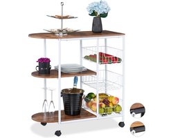 roltafel op wielen - 3 etages - manden - industrieel - serveerwagen - 84 x 83 x 37 cm - wit-bruin