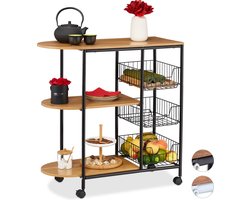 roltafel op wielen - 3 etages - manden - industrieel - serveerwagen - 84 x 83 x 37 cm - zwart-lichtbruin