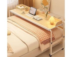 Roltafel voor bed - Verstelbare tafel - Thuiswerken of lezen - 360° draaibare wielen - 120-210cm lengte - Hout