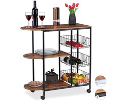 Roltafeltje - Keukenwagen met Opbergruimte - 1 stuk - Zwart en Bruin - Metaal en MDF