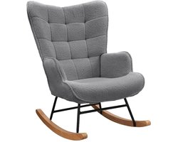 Rolu Schommelstoel – Relaxfauteuil – Relaxstoel – Teddy Stof – Fauteuil – Voedingsstoel - Donker Grijs – Houten Glijders
